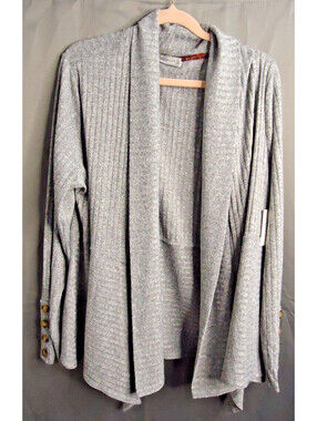 Retrology Ribbed Knit Open Front Cardigan Sweater Grey Size XL Button Accents